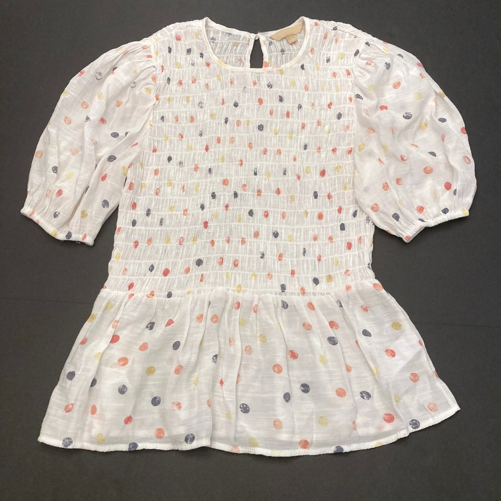 Hope & Harlow Smocked Peplum Blouse White Polka Dot Puffed Sleeves Womens L